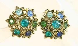 Elegant Gold-tone Baroque Multi-color Rhinestone Clip Earrings 1960s vintage 1&quot; - £9.74 GBP