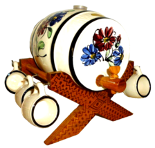 1960s Porcelain German Schnapps Barrel, Wooden Stand &amp; Ceramic Shot Glasses - $79.95