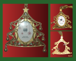 Golden Frame Christmas Tree Shaped Embellished Stones Photo Hanger Star & Balls - £6.25 GBP