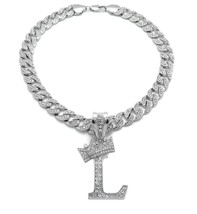 Crowned Initial Letter L Crystals Pendant Silver-Tone Cuban Chain Necklace - £35.37 GBP