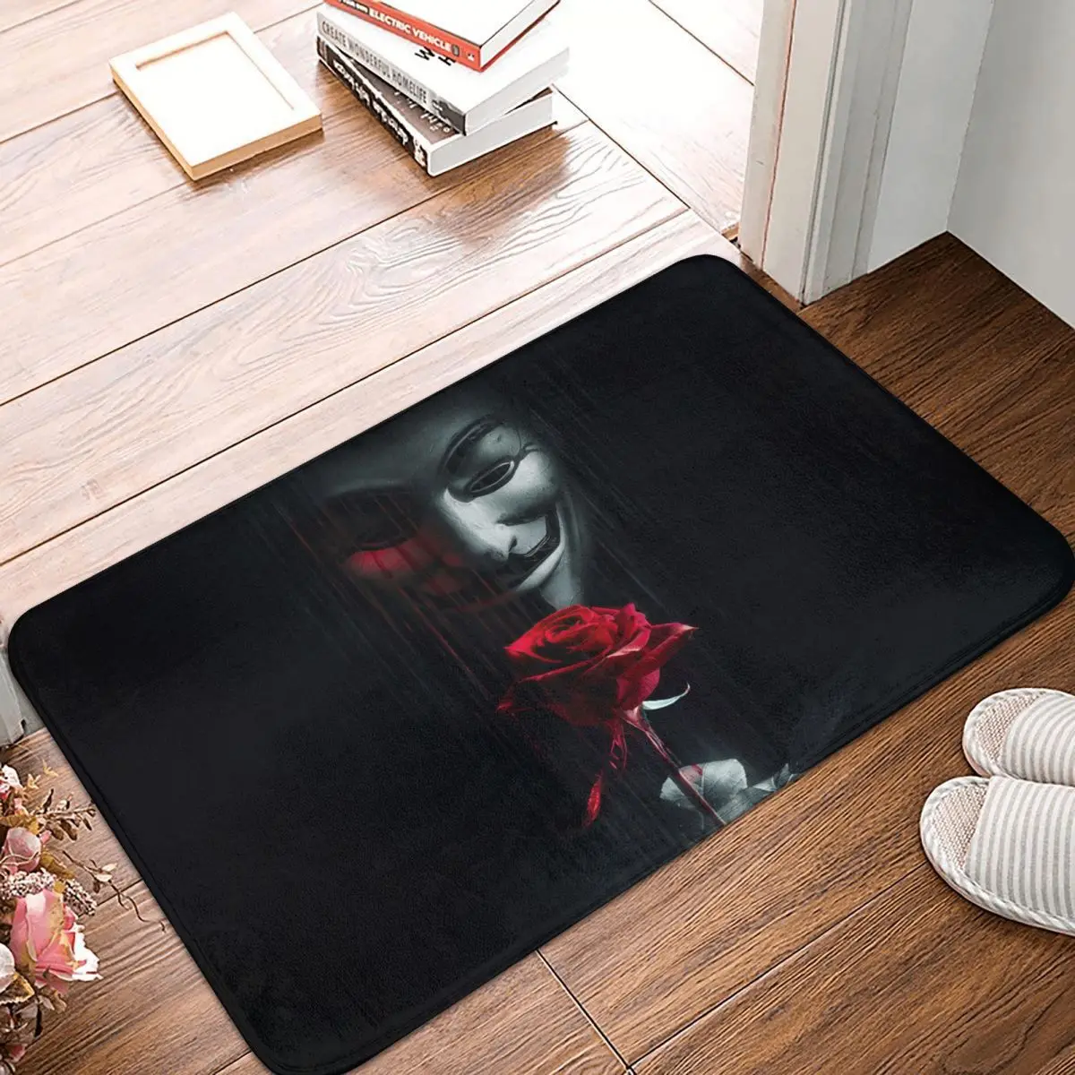 Non-slip Rug Doormat Kitchen Mat Anonymous Mask Red Rose Digital Art Floor Carpe - $15.99