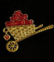 Vintage AVON Garden of Love Pin Wheelbarrow of Red Enamel Hearts Gold - £6.31 GBP