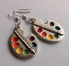 Silver Plate Rainbow Palette Drop Dangle Art Artist Earrings - $6.08