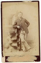 Circa 1880&#39;S Cabinet Card Handsome Man Posing Suit &amp; Hat Pfeifer Columbus, Oh - £9.59 GBP
