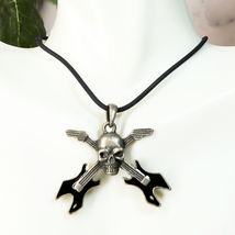 Ebros Gothic Skull Rocker With Crossed Dual Guitar Pewter Necklace Pendant - $21.70 CAD