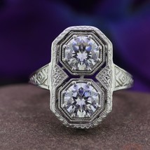 Art Deco Two Stone Round Lab Created Diamond White Gold Fn Women Vintage Ring - £64.25 GBP