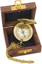 Vintage Push Button Chain Compass Wooden Box Brass Finish Nautical Collectile - £30.60 GBP