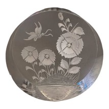 Round Clear Etched Butterfly And Flowers Paper Weight - $8.00