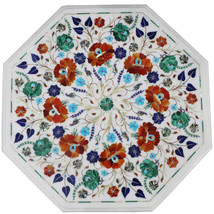 15&quot; White Marble Side Table Top Semi Precious Inlay Marquetry Art Outdoor Decor - £396.79 GBP