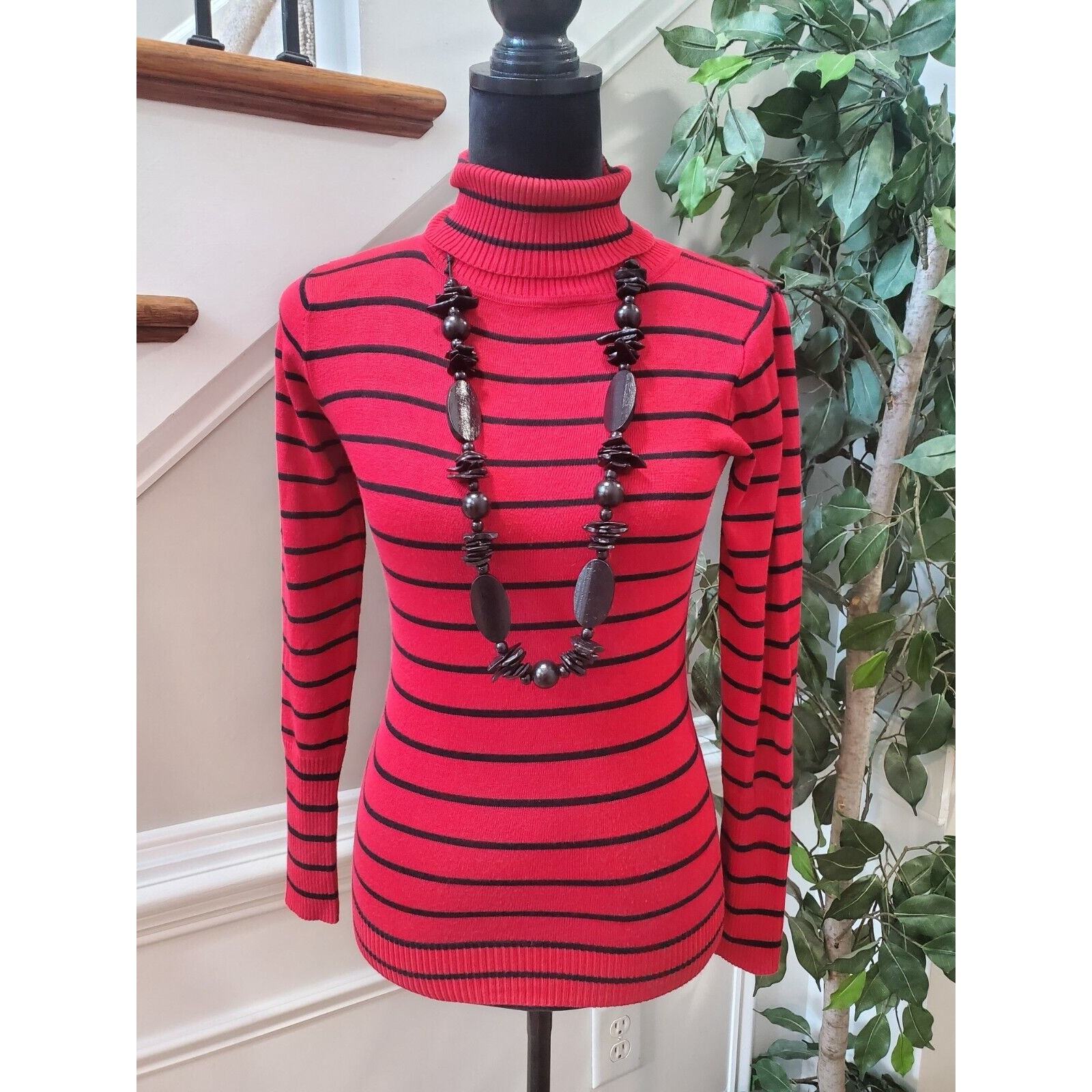 Grand Women&#39;s Red Striped Turtle Neck Long Sleeve Pullover Knit Sweater ... - $22.77