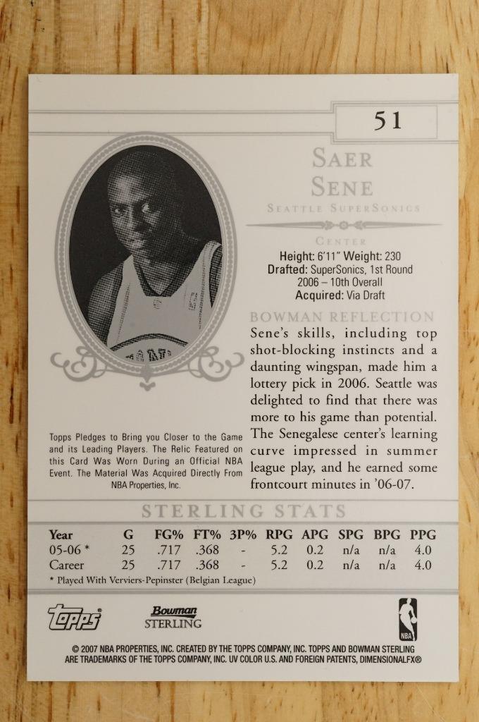 2006-07 NBA Basketball Card Bowman Sterling Saer Sene #51 Rookie RC Patch Relic Item image 2