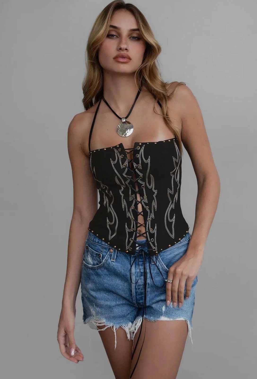 Black Embroidered Western Corset Top – Rayon Cowgirl Lace-Up Rodeo Crop - $49.00