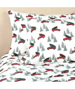 Red Truck Christmas Tree Heavyweight Twin Flannel Sheet Set Cabin Rustic... - $78.28