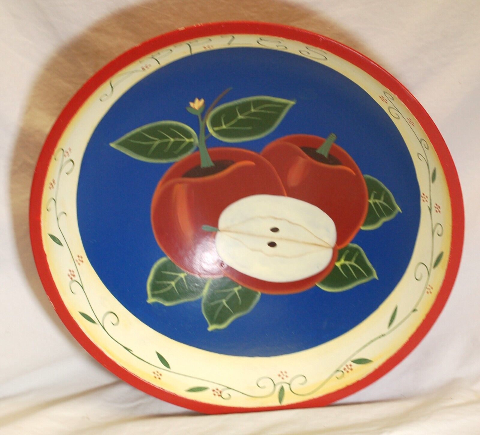 Wooden Centerpiece Bowl Apples Pattern Country Farmhouse Decor - $24.74