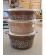 Pyrex Woodland Brown 3 Piece Casserole Dish Set &amp; Lids 471-B 472-B 473-B - $50.00