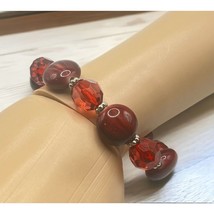 Vintage Deep Red Beaded Stretch Bracelet Faceted Smooth Silver Tone - $11.95