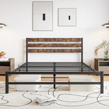 Queen Size Platform Bed Frame with Rustic Vintage Wood Headboard - Rustic Brown - £133.41 GBP