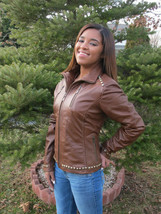 Women&#39;s Brown Color Biker Genuine Leather Silver Studded Handcrafted Sli... - $146.99
