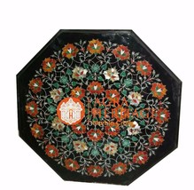 18&quot; Black Marble Coffee Center Table Top Carnelian Malachite Inlay Decor H5685A - £359.95 GBP