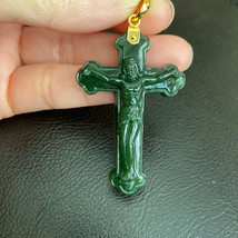 14k Solid Real Yellow Gold Jesus Crucifix Carving Nephrite Jade Cross Pendant - £320.10 GBP