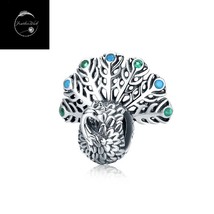 Genuine Sterling Silver 925 Love Peacock Bird Animal Bead Charm With Blue CZ - £16.54 GBP