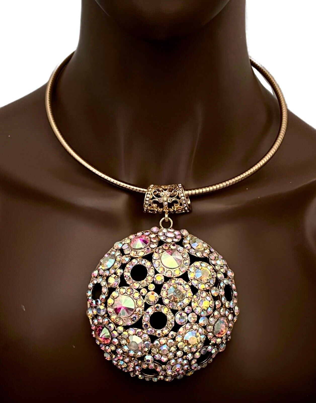 Statement Choker Oversized Dome Pendant Necklace Set Aurora Borealis Crystal - $26.60