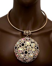 Statement Choker Oversized Dome Pendant Necklace Set Aurora Borealis Crystal - £21.26 GBP