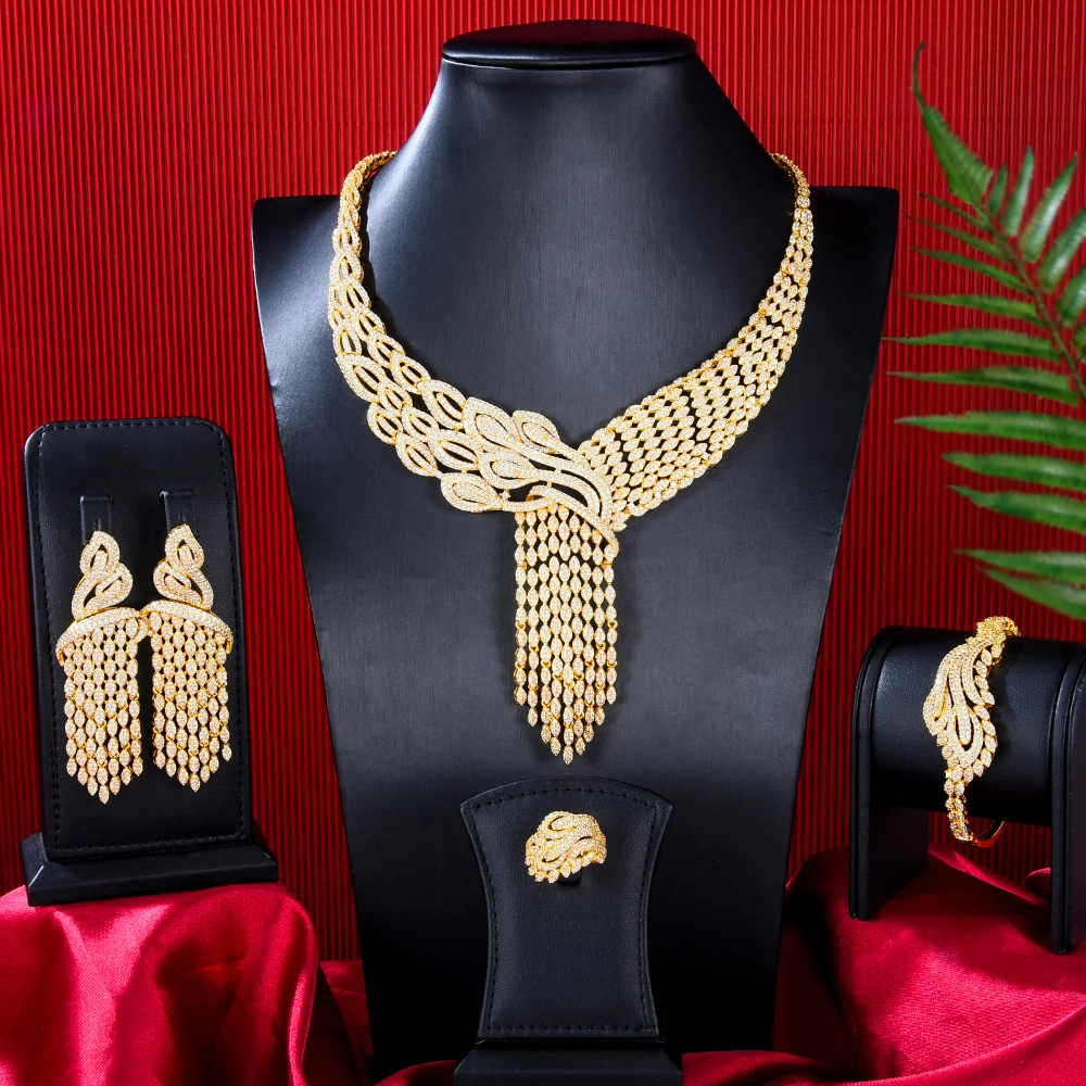 Luxury Tassels Drop Mixed Women Wedding Cubic Zirconia Necklace Earring Saudi Ar - £218.75 GBP
