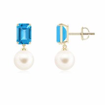 ANGARA Freshwater Cultured Pearl &amp; Swiss Blue Topaz Earrings in 14K Yellow Gold - £341.14 GBP
