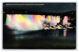 Illuminated American Falls Niagara Falls New York NY UNP Linen Postcard M19 - £1.54 GBP