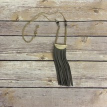 Gold Tone Texture Necklace with Gray Leather Tassel Pendent Clear and Gray Beads - £16.02 GBP