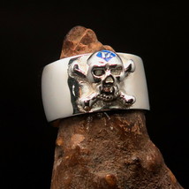 Mirror polished Men&#39;s Outlaw Biker Ring Blue 1% Pirate Skull - Sterling Silver - £49.83 GBP