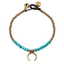 Mystical Crescent Moon Charm Blue Turquoise and Brass Jingle Bell Bracelet - £8.88 GBP