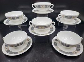 6 Wedgwood Asia Black Cream Soup Bowls Saucers Set Vintage Greek Key Eng... - $158.27