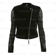 New Women Black Silver Studded On Sleeves Brando Style Suede Leather Jac... - £260.03 GBP