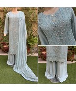Pakistani Ice Blue 3 Pcs Fancy  Chiffon Dress with embroidery &amp; Squins w... - $128.70