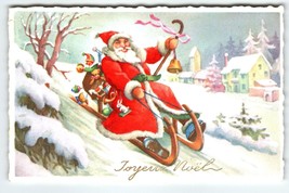 Santa Claus Christmas Postcard Saint Nick On Downhill Sled Snow Covered Village - £12.70 GBP