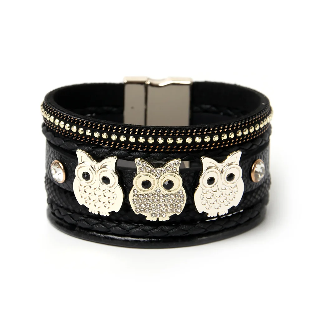 Tic buckle bracelets for women rhinestone owl animal charm wrap leather bracelet female thumb200
