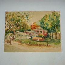 Vintage Aquarelle Peinture Sur Papier Maison Avec Camp Remorque Mi Siècle - $206.89