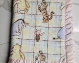 Classic Winnie The Pooh &amp; Friends Fleece Plaid Pink Baby Blanket Satin T... - £31.50 GBP
