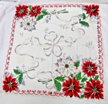 Vintage Cotton Hankie Christmas Poinsettia Ribbons Bows White Berries 14... - $10.40
