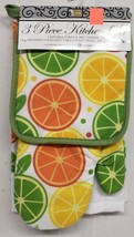 3Pc Printed Kitchen Set:1Pot Holder 1Oven Mitt &amp;1 Towel Color Oranges Circles Bh - £19.16 GBP