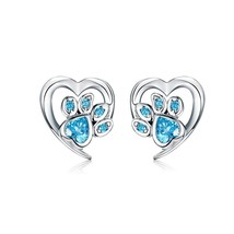 Dog Paw Footprint Heart Earrings 100% 925 Sterling Silver Blue Zircon Earrings F - £15.97 GBP