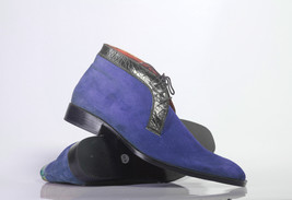 Handmade Men&#39;s Blue Black Leather Suede Chukka Ankle Boots, Men Designer Boots - £125.37 GBP