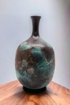 Japanese Patinated Verdigris Metal Vase 8 in Vintage Decor Teal Brown  - £56.93 GBP