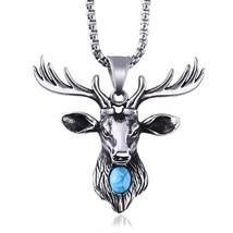 Silver Turquoise Deer Antler Pendant Necklace Men&#39;s Jewelry Box Chain 24&quot; Gift - £7.76 GBP
