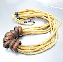 Chunky Vintage Six 6 Strand Carved Beads &amp; Copper Circles Necklace - $14.80