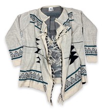 Pink Owl Aztec Bohemian Tribal Waterfall Open Front Cardigan w/ Fringe Teal Sz L - £17.45 GBP