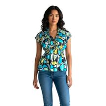 Wrapper Blue Yellow Floral V Neck Babydoll Blouse Shirt Empire Waist Med... - $129.99
