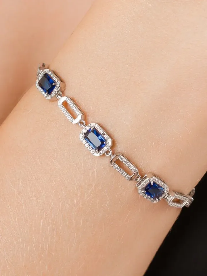 Women&#39;s silver bracelet 925 assay value with sapphire crystals and cubic... - $115.00